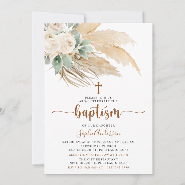 Boho de verdure Pampas Grass Baptême Invitation (Devant)