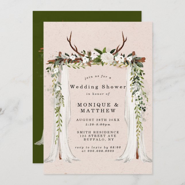 Boho Deer Antlers Canopy Invitation Wedding shower (Devant / Derrière)