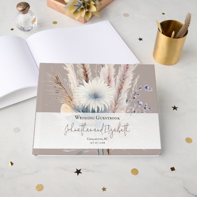 Boho d'hiver Mariage Floral | Livre d'hôtes beige (Recto ouvert)
