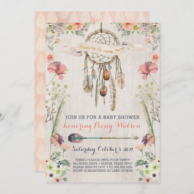 Boho Dream Catcher Rustic Baby Shower Invitations (Devant / Derrière)