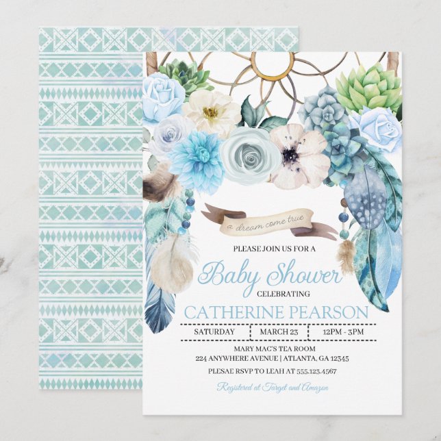Boho Dreamcatcher Baby shower bleu Invitation (Devant / Derrière)