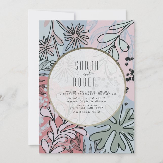 Boho Dusty bleu rose Faire-part de mariage Floral (Devant)