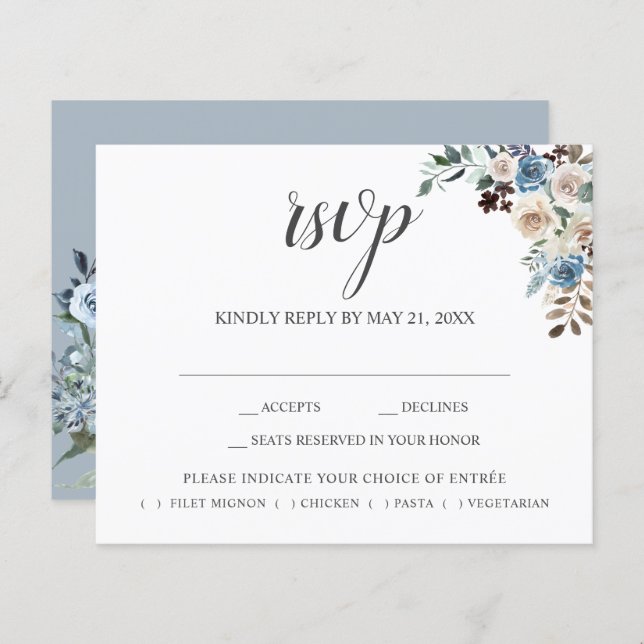 Boho Dusty Blue Beige Fleurs Script Mariage RSVP (Devant / Derrière)