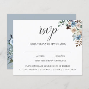 Boho Dusty Blue Beige Fleurs Script Mariage RSVP
