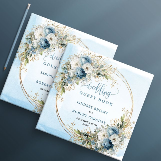 Boho Dusty Blue Fleurs Vert feuillage Livre d'Or (Boho Dusty Blue Flowers Greenery Gold Guest Book)