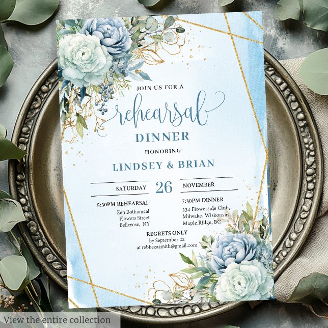 Boho Dusty Blue Floral Gold Frame Invitation (Boho Dusty Blue Floral Gold Frame Dinner Invitation)