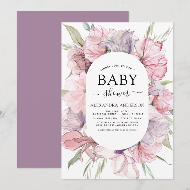 Boho Dusty rose violet Baby shower Invitation (Devant / Derrière)