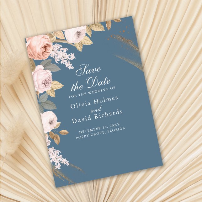 Boho Elemental Blue Peonies Enregistrer la carte D (Boho Elemental Blue Peonies Save the Date Card on dra fan palm leaf.)