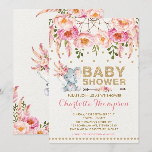 Boho Elephant Baby shower Invitation Or rose (Devant / Derrière)