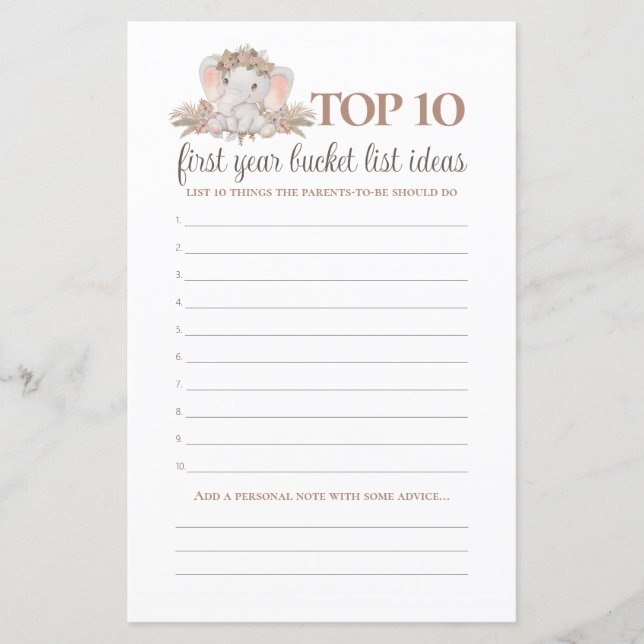 Boho Elephant Bucket List Baby shower Jeu (Devant)