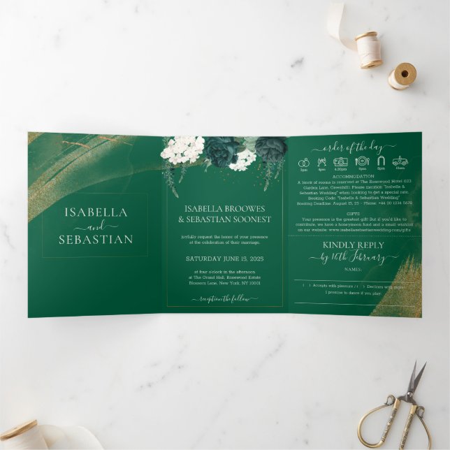 Boho Emerald Rose Complete Wedding Tri-Fold Invita (Intérieur)