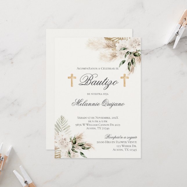 Boho espagnol Baptême Floral invitation (Devant/Arrière en situation)