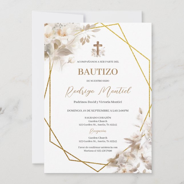 Boho espagnol Baptême Floral Invitation (Devant)