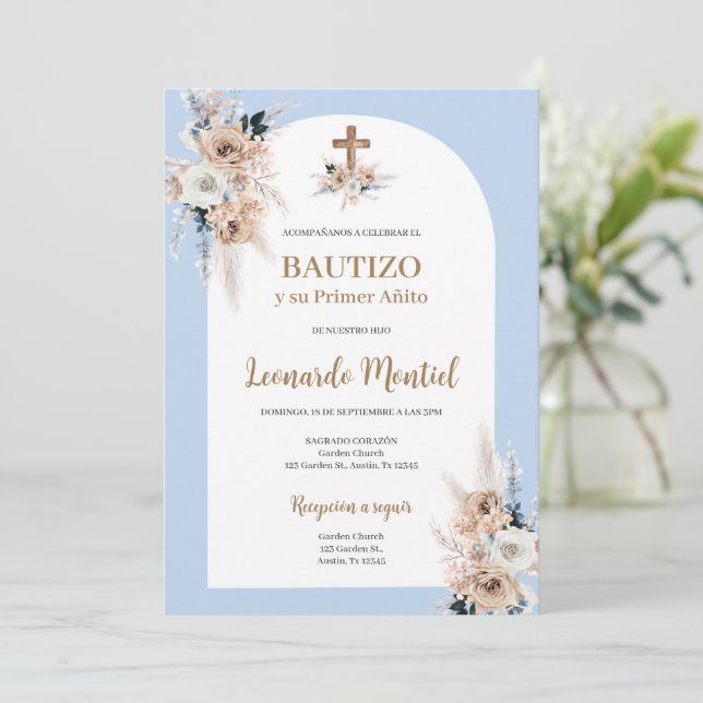 Boho espagnol Baptême Floral Invitation (Debout devant)