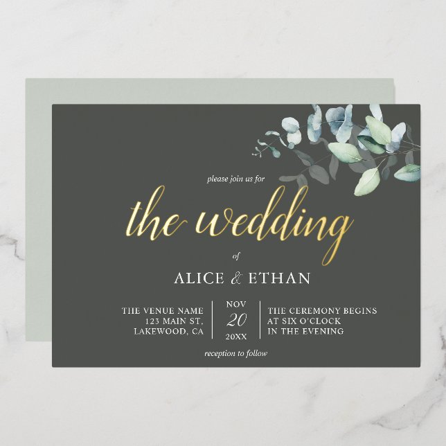 Boho Eucalyptus Feuille Mariage Foil Invitation (Recto/Verso)