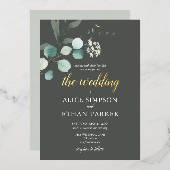 Boho Eucalyptus Feuille Mariage Foil Invitation (Recto/Verso)