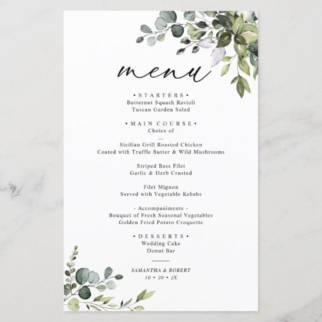 Boho Eucalyptus Green Menu Mariage simple (Dos)