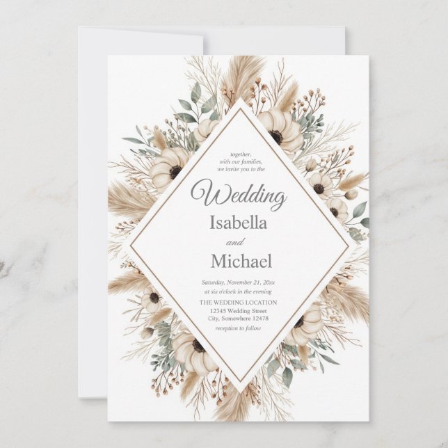 Boho Faire-part de mariage aquarelle avec diamant (Devant)