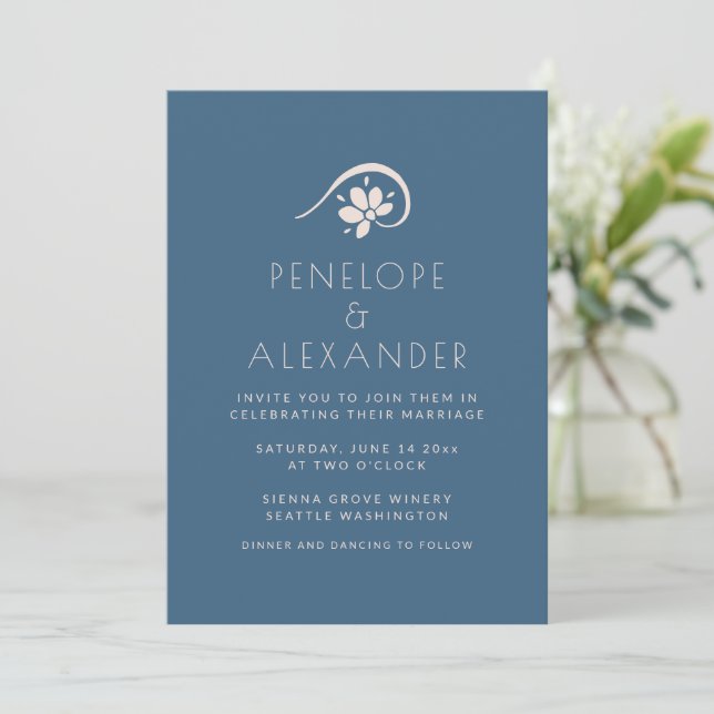 Boho Faire-part de mariage Floral bleu scandinave (Debout devant)