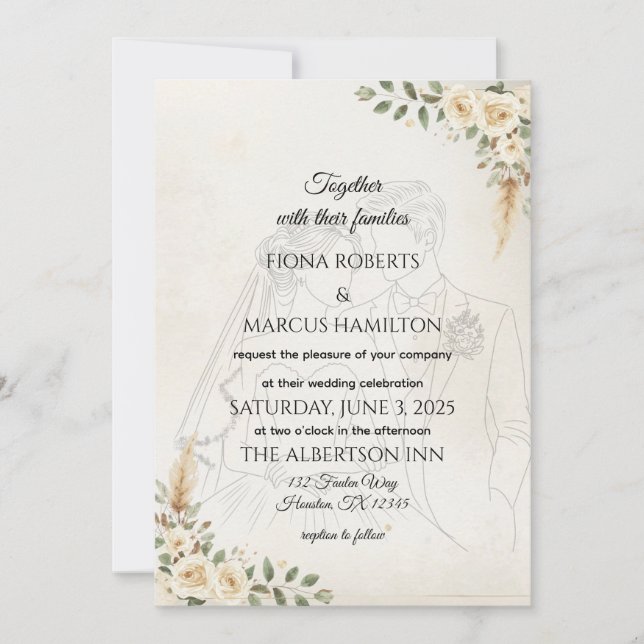 Boho Faire-part de mariage ivoire Roses et Pampas  (Devant)