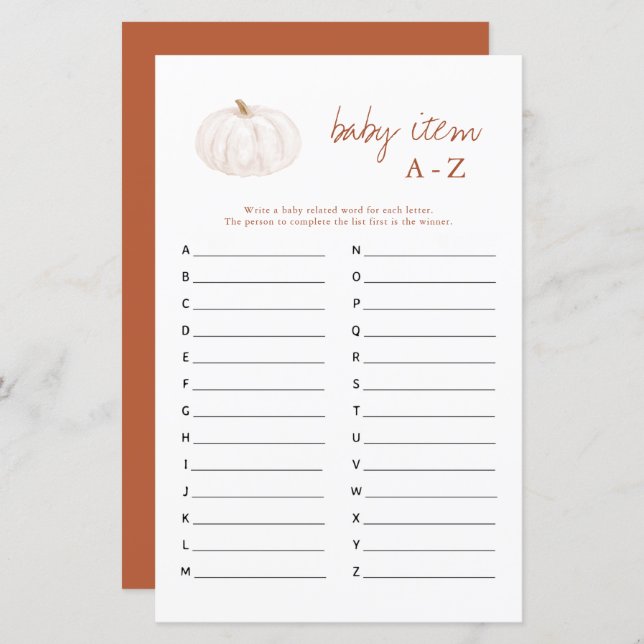 Boho Fall Citrouille Baby Item A-Z Baby shower Jeu (Devant / Derrière)