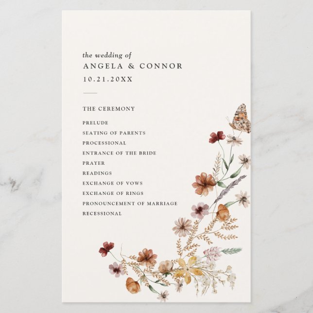 Boho Fall Fleur sauvage Wedding Programme (Devant)