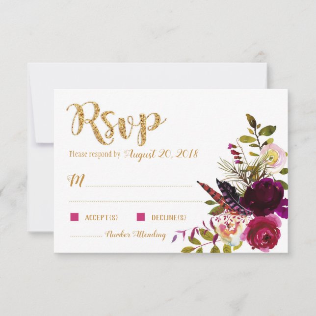 Boho Fall Floral Bouquet Gold RSVP Card (Devant)