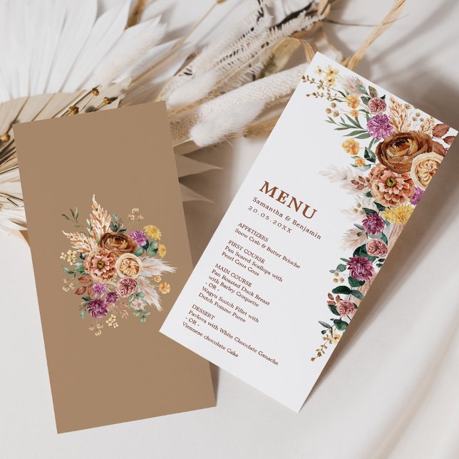 Boho Fall Pampas Floral Mariage Cartes de menu (Créateur téléchargé)