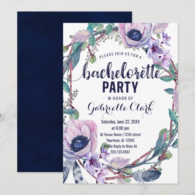 Boho Feather Bachelorette Party Invitation (Devant / Derrière)