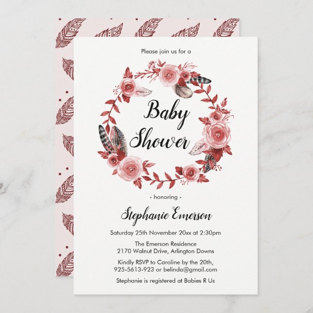 Boho Feather Burgundy Blush Baby shower Invitation (Devant / Derrière)