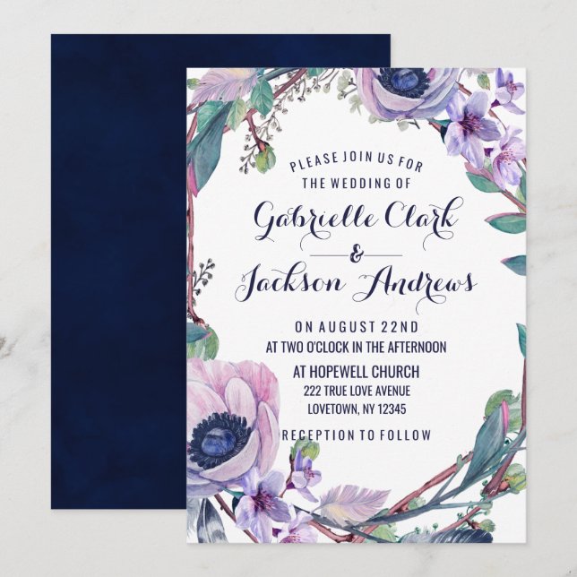 Boho Feather & Floral Wreath Wedding Invitations (Devant / Derrière)