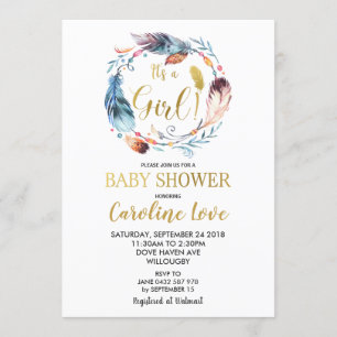 Boho Feather Wreath Baby shower Invitation Girl