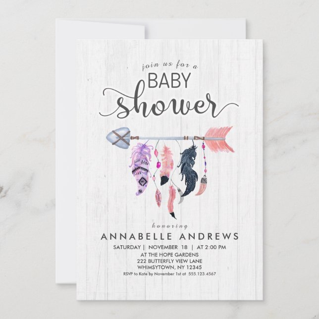 Boho Feathers & Flèche Baby shower Invitation (Devant)