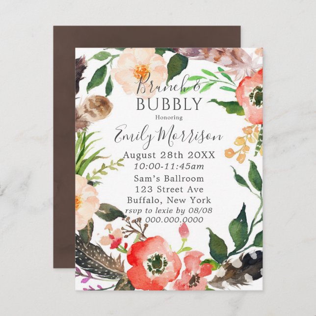 Boho Feathers Red Poppy Brunch & Bubbly Invitation (Devant / Derrière)
