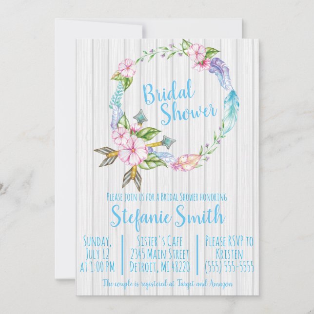 Boho Feathers Wreath Bridal Shower Invitation (Devant)