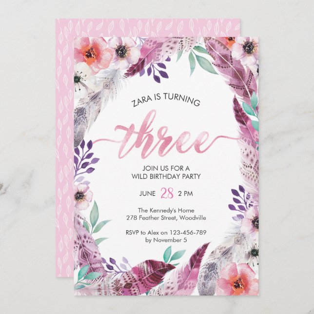 Boho fête d'anniversaire Invitation | 3e anniversa (Devant / Derrière)