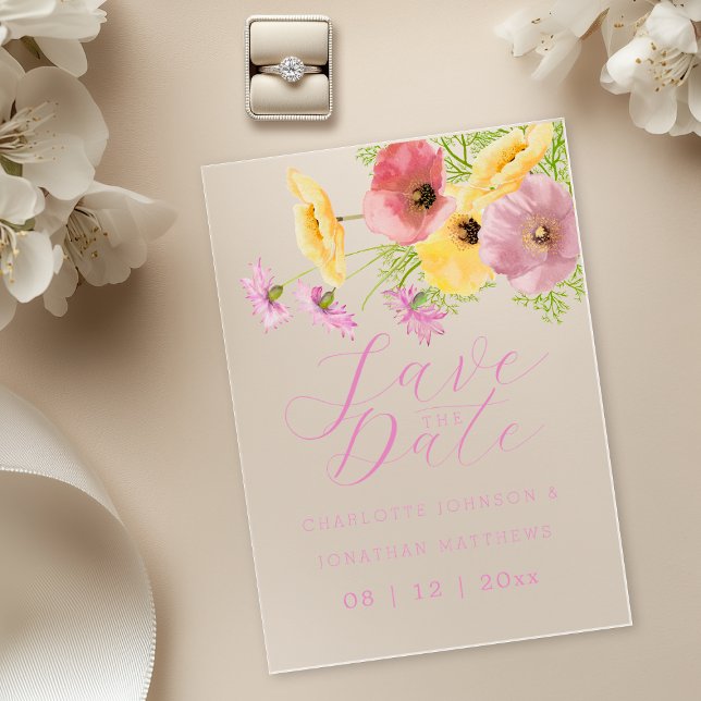 Boho Fleur de Printemps Rose Faire-Part de Mariage (Elegant Wildflower bouquet pink script wedding save the date Acrylic 5x7 invitation)