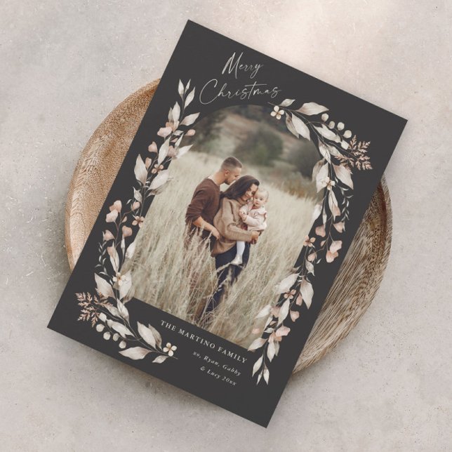 Boho Fleur sauvage Arch Photo Noël (Boho wildflower arch photo christmas holiday magnetic card with elegant script hand painted foliage.)