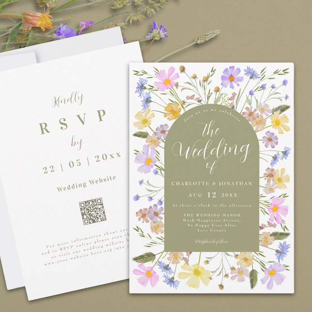 Boho Fleur sauvage Arch Spring Mariage Invitation (Boho wildflower sage green arch wedding invitation with qr code)