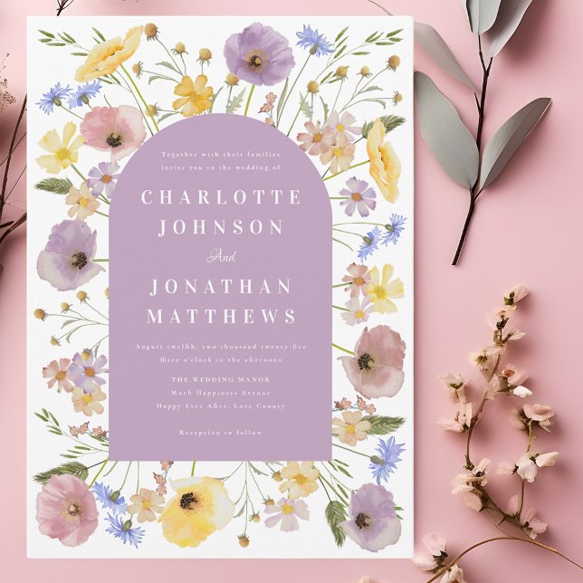 Boho Fleur sauvage Arch Spring Mariage Invitation (Boho chic wildflower spring wedding invitation with purple pink yellow watercolor florals)