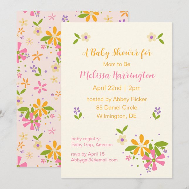 Boho Fleur sauvage Baby Girl Douche Invitation (Devant / Derrière)