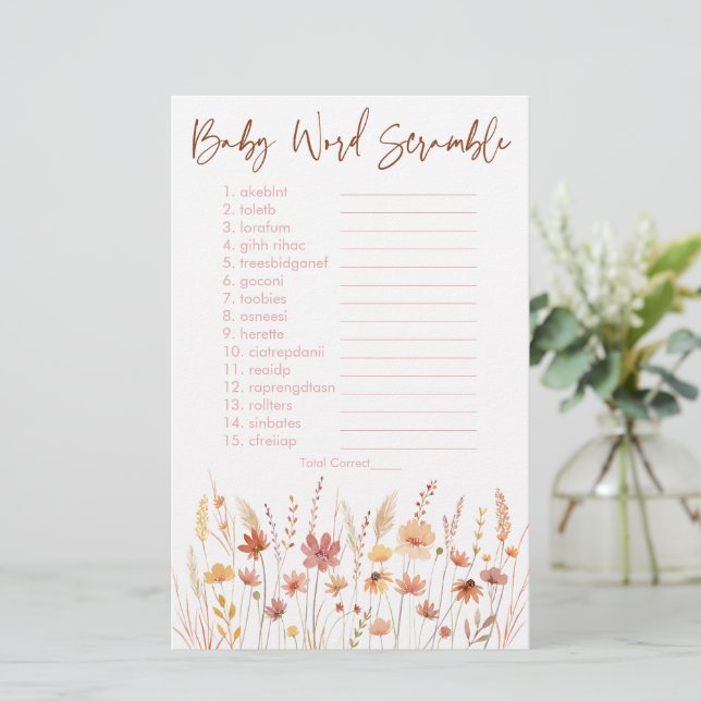 Boho Fleur sauvage Baby shower Word Scramble Jeu (Debout devant)