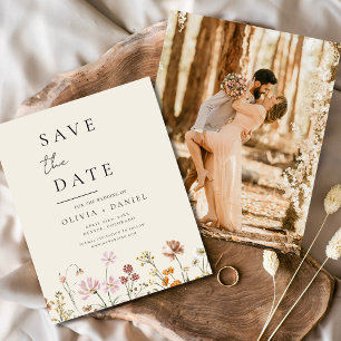 Boho fleur sauvage Beige Photo Enregistrer la date