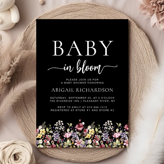 Boho Fleur sauvage Black Baby shower Invitation (Créateur téléchargé)
