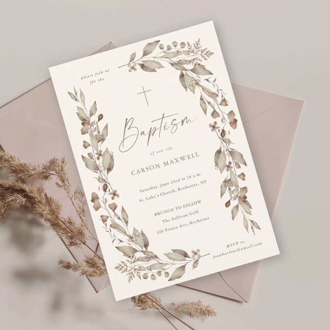Boho Fleur sauvage Floral Genre Baptême neutre (Boho wildflower elegant floral ivory gender neutral baptism invitation.)