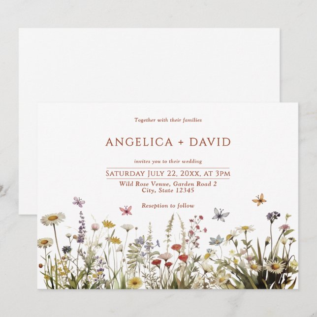 Boho Fleur sauvage papillons Faire-part de mariage (Devant / Derrière)