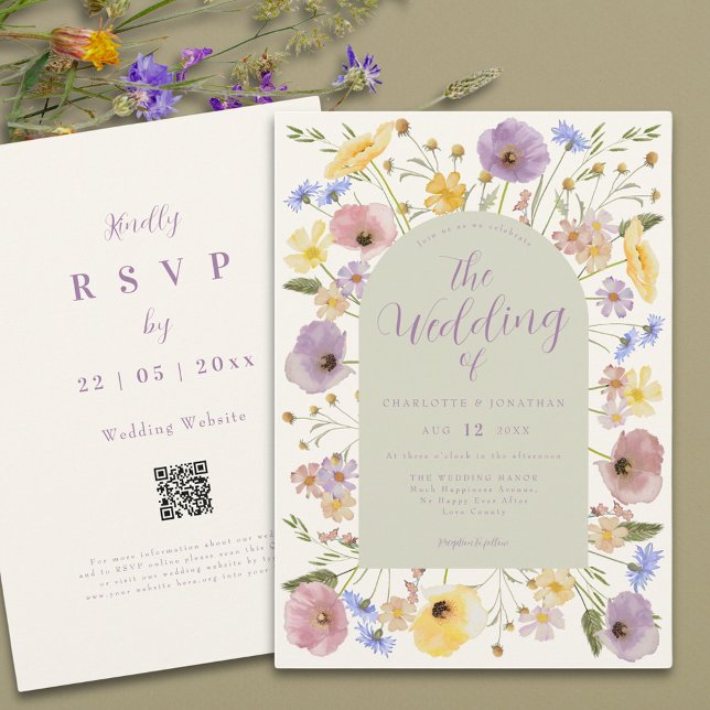 Boho Fleur sauvage Pastel Qr Code Faire-part de ma (Boho wildflower pastel wedding qr code invitation summer watercolor florals )