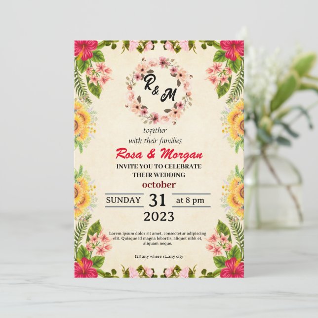 Boho Fleur sauvage Wedding Invitations Charme Élég (Debout devant)