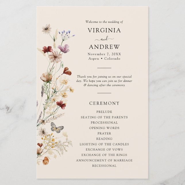 Boho Fleur sauvage Wedding Programme (Devant)