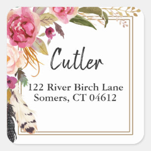 Boho Fleurs et plumes Étiquette de adresse rustiqu